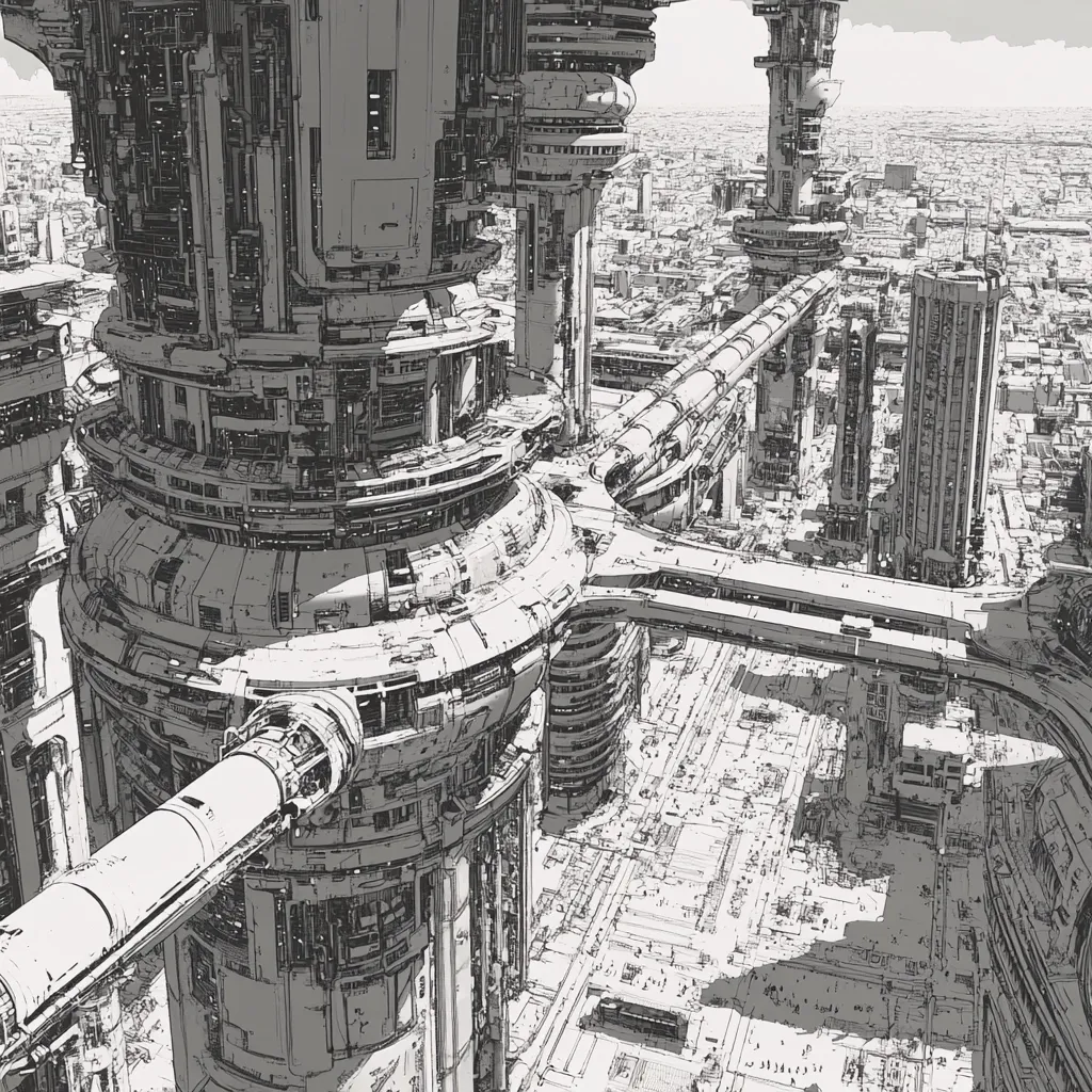 A grayscale illustration depicts a futuristic cityscape, viewed from above.  Massive, intricately detailed cylindrical structures dominate the scene, connected by elevated walkways and expansive tubes.  Smaller buildings and streets fill the space below, creating a dense urban environment with a strong sense of technological advancement and complexity. The style suggests a blend of architectural precision and organic growth.