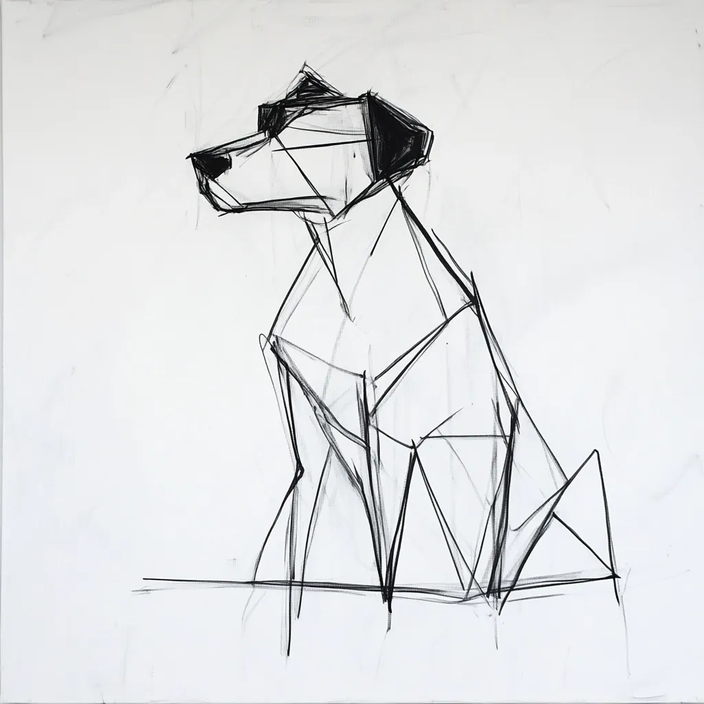 A minimalist charcoal sketch depicts a dog sitting in profile.  The artwork uses bold, angular lines to create a geometric representation of the animal, emphasizing form over detail. The dog's head is slightly turned, and its ears and body are rendered with sharp, intersecting lines, suggesting movement and energy within a simplified structure.  The overall effect is a modern, abstract portrayal of a canine subject.