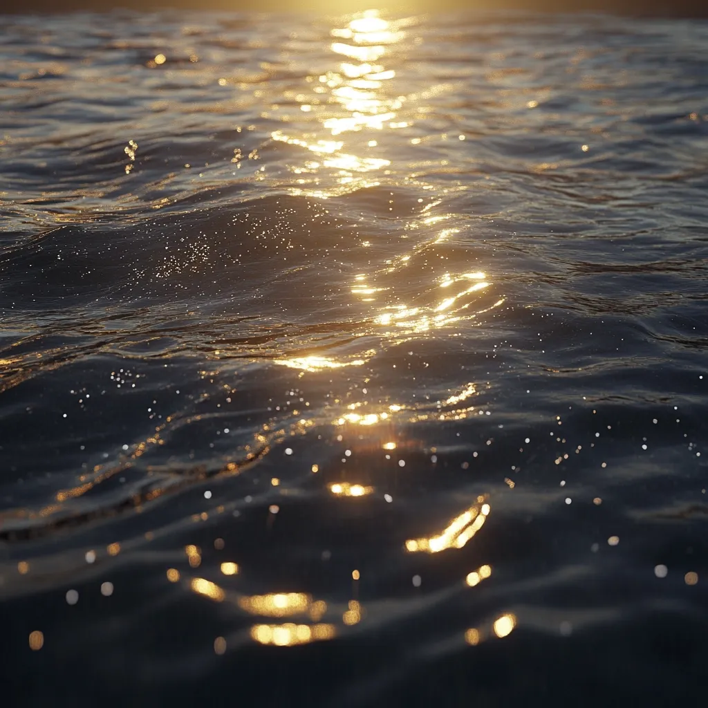 Golden sunlight dances on the surface of gently rippling water.  The dark water reflects the light, creating shimmering streaks and sparkling highlights.  The scene is peaceful and serene, evoking a sense of calm and tranquility. The focus is shallow, blurring the background and emphasizing the textural beauty of the water's surface.