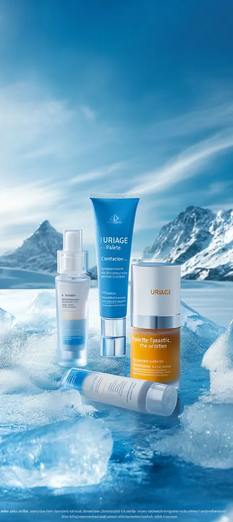 Three Uriage skincare products are displayed on a bed of ice against a backdrop of a majestic snowy mountain range under a clear blue sky.  The products include a blue tube labeled "Palette, Contection", a smaller spray bottle, and an orange tube labeled "Palette Tégéastic". The image conveys a feeling of freshness and purity, emphasizing the brand's association with nature.