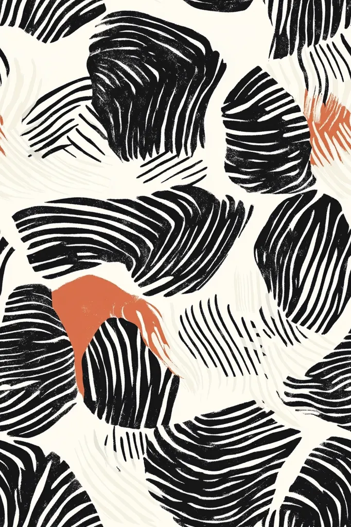 The image showcases an abstract pattern featuring predominantly black and white striped shapes.  These organic, pebble-like forms overlap and interweave, creating a dynamic visual texture.  Subtle accents of burnt orange are interspersed, adding a warm contrast to the cool monochrome palette. The overall style is bold and graphic, suitable for textile designs or modern artwork.