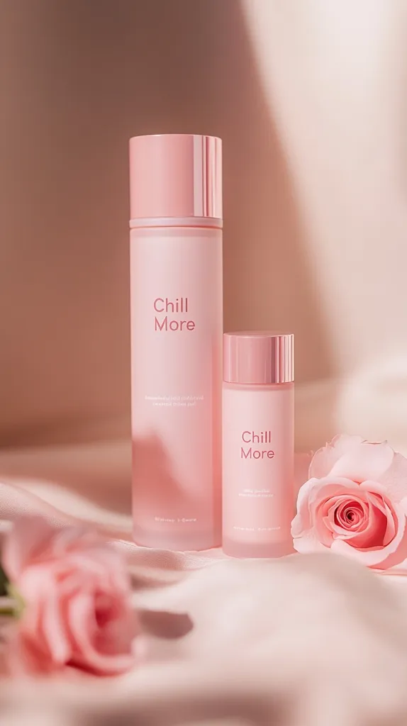Two pastel pink bottles of "Chill More" skincare products are displayed on a soft pink fabric background.  A pink rose is prominently featured in the foreground, enhancing the delicate and calming aesthetic. The taller bottle is larger than the smaller one, both bearing the brand name. The image evokes a sense of serenity and relaxation.