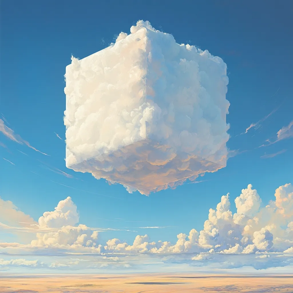 A surreal landscape features a large, cubic cloud formation floating in a clear blue sky above a vast, flat desert.  The cloud cube is brilliantly white and fluffy, contrasting with the smaller, more conventionally shaped cumulus clouds scattered across the horizon. The overall scene is peaceful and dreamlike, evoking a sense of wonder and the unexpected.
