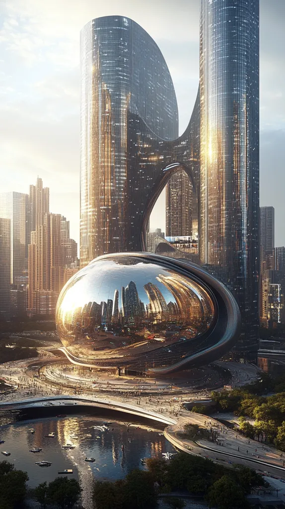 A futuristic cityscape features two towering, curvaceous skyscrapers flanking a massive, polished, orb-like structure that reflects the surrounding city.  The buildings are modern and sleek, with glass and metallic surfaces gleaming in the golden sunlight.  A tranquil waterway winds through the scene, lined with pedestrian walkways and greenery, creating a harmonious blend of architecture and nature.  The overall impression is one of technological advancement and urban sophistication.