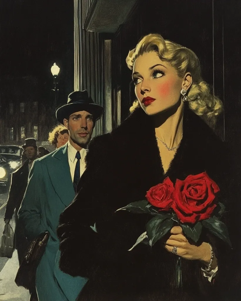 A stylishly dressed woman in a dark fur coat holds a bouquet of red roses, her gaze directed upward.  A man in a teal overcoat walks beside her, suggesting a clandestine meeting on a dimly lit city street at night. The scene is evocative of film noir, with a mysterious and romantic ambiance.  The woman's expression is alluring and slightly apprehensive.