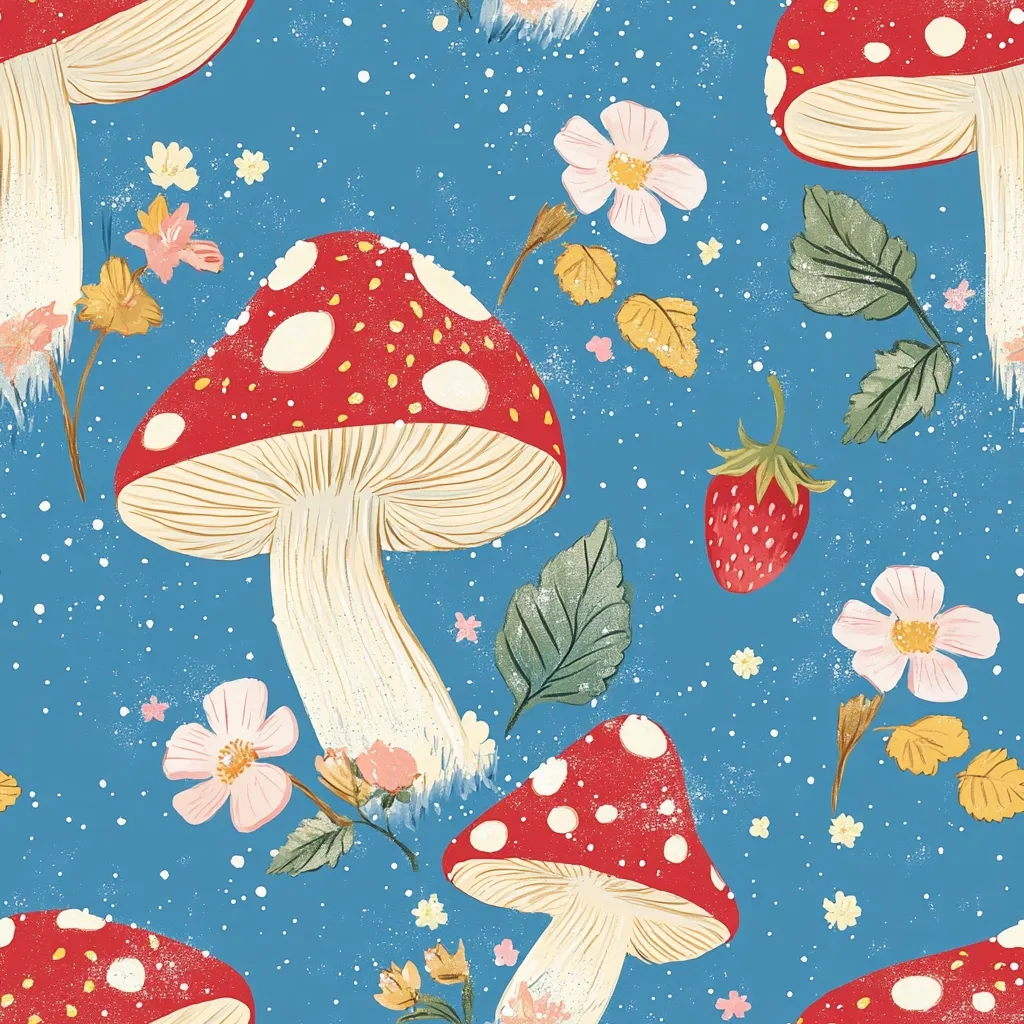 A whimsical seamless pattern features vibrant red and white toadstools amongst delicate pink and yellow flowers, green leaves, and a single strawberry.  The illustration is set against a textured, light blue background speckled with tiny white dots, creating a charming and slightly rustic aesthetic.  The style is reminiscent of vintage botanical illustrations with a modern, playful twist.