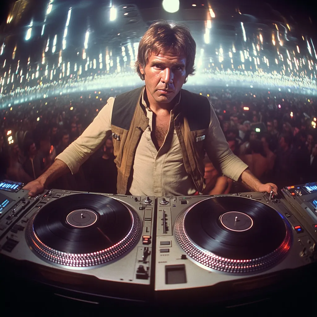 Harrison Ford, iconic Han Solo from Star Wars, is depicted as a DJ.  He stands behind a pair of turntables, his signature vest worn over a shirt.  The setting appears to be a crowded, energetic nightclub or concert venue, with blurred lights and a large audience visible in the background.  The image is taken with a fisheye lens, creating a dramatic, wide-angle perspective.