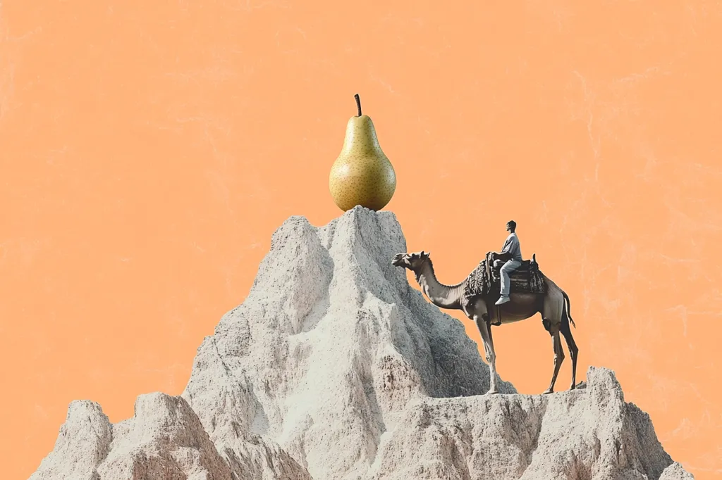 A surreal digital collage depicts a man riding a camel ascending a miniature mountain.  Atop the peak sits an oversized pear. The scene is set against a warm orange background, creating a whimsical and unexpected juxtaposition of elements. The artistic style is reminiscent of vintage travel posters or dreamlike imagery.
