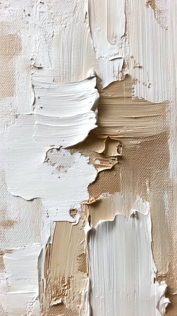 The artwork is an abstract painting featuring a palette of off-white and beige.  Thick, textured brushstrokes are prominent, creating a sense of depth and movement.  The colors blend and overlap, creating a visually interesting interplay of light and shadow. The impasto technique gives the piece a three-dimensional quality. The overall effect is one of understated elegance and textured simplicity.