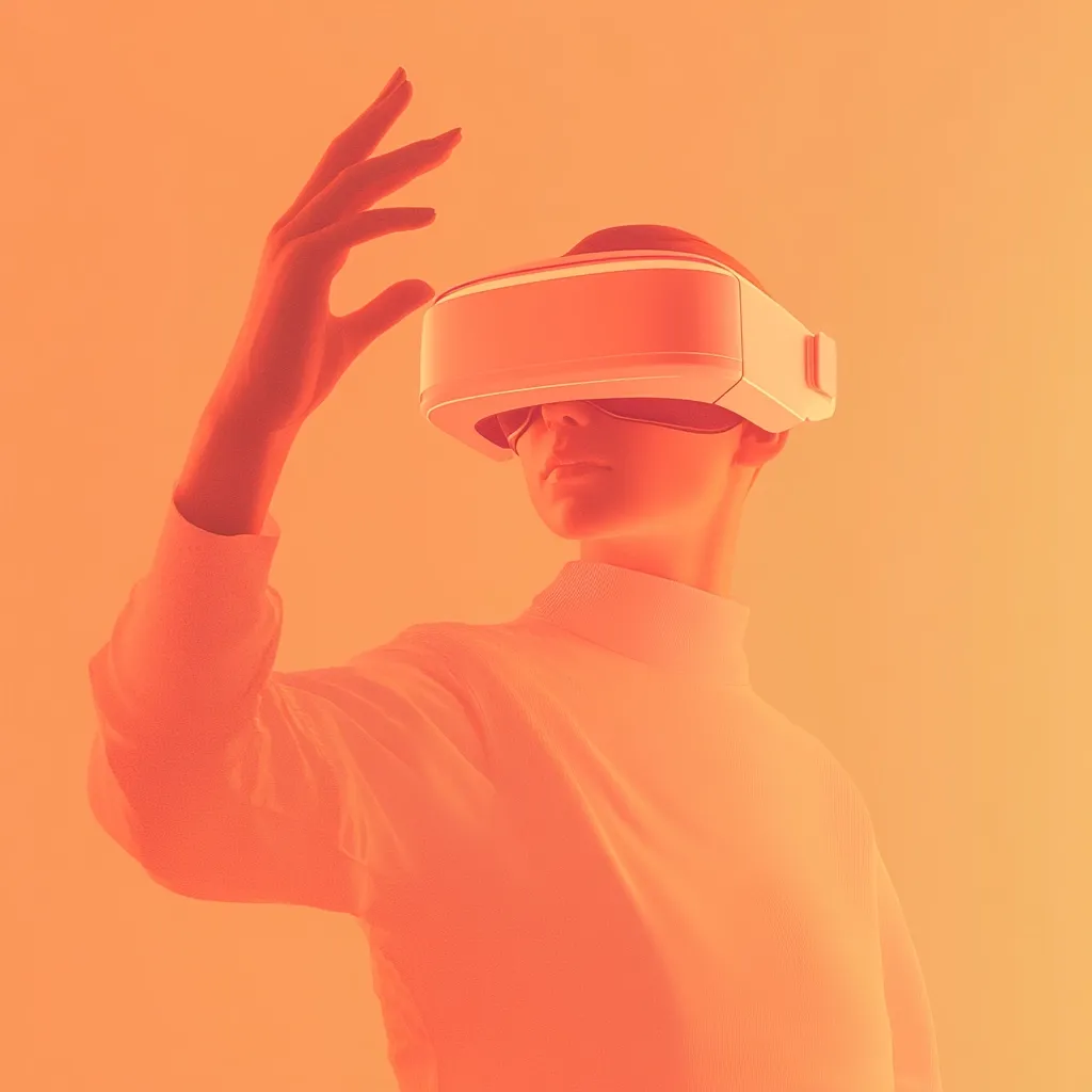 A person wearing a virtual reality headset reaches out their hand, seemingly interacting with a digital environment.  The image is rendered in a monochromatic orange hue, creating a stylized and futuristic aesthetic.  The model's pose and the VR headset suggest exploration and immersion in a virtual world. The background is a solid, warm orange.