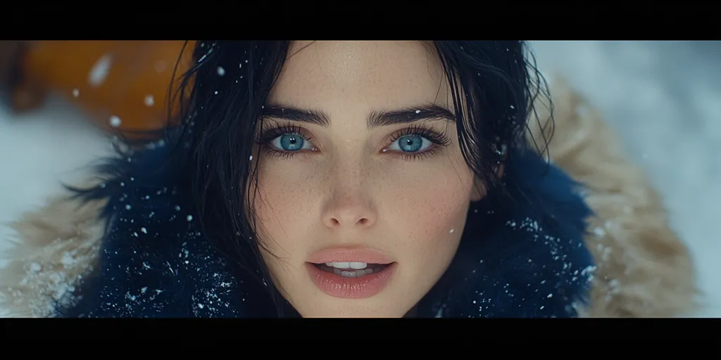 Close-up of a woman with dark hair and striking blue eyes.  Snowflakes gently fall around her face, which is partially obscured by a dark, fur-trimmed parka hood. Her expression is serene, and her skin is lightly freckled. The overall mood is one of wintery beauty and quiet contemplation.