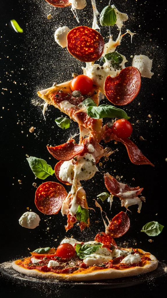A delicious pepperoni pizza is captured in mid-air, its ingredients—pepperoni slices, mozzarella cheese, fresh basil, and cherry tomatoes—suspended in a dramatic, dynamic explosion.  The pizza's crust is golden brown, and the toppings appear fresh and vibrant against the dark background. The image evokes a sense of motion and appetite.