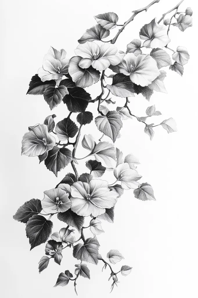 A meticulously detailed pencil sketch showcases a flowering branch.  The grayscale artwork depicts blossoms resembling hibiscus, their delicate petals and textured leaves rendered with shading and fine lines. The branch gracefully curves, creating a sense of movement and fluidity against the white background.  The artist's attention to detail is evident in the realistic portrayal of the plant's structure and texture.