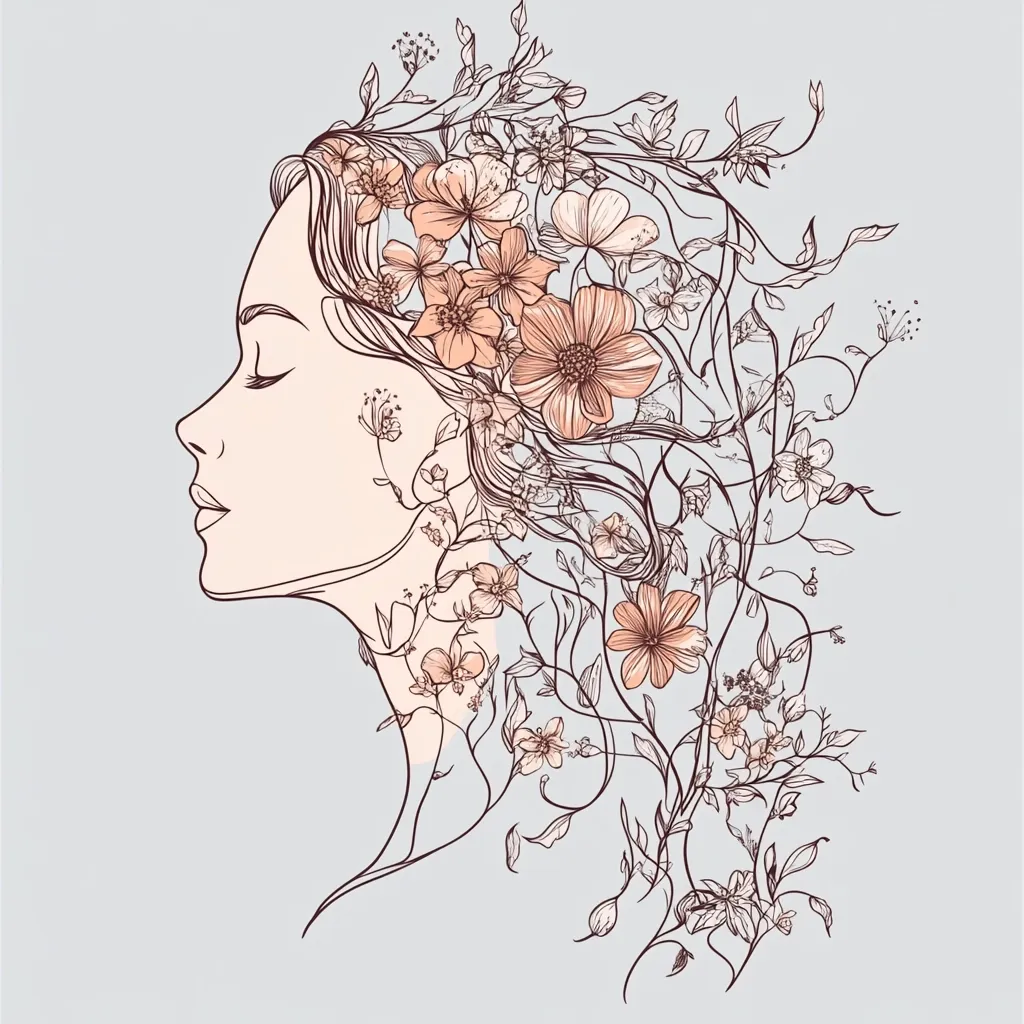 A line drawing depicts a woman's profile, her hair flowing into a cascade of delicate flowers and vines.  The style is elegant and ethereal, with soft peach and brown tones against a light gray background.  The flowers are intricately detailed, creating a sense of natural beauty and feminine grace.  The overall effect is one of serenity and artistic refinement.