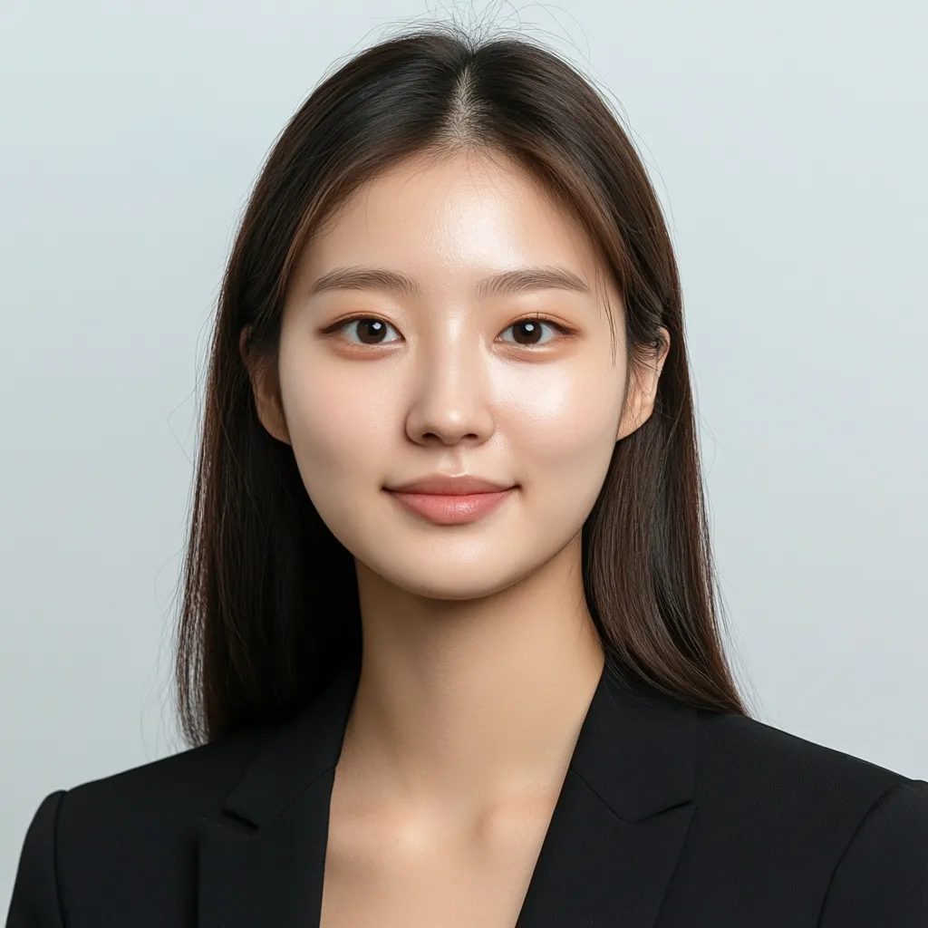 A young East Asian woman with long, straight dark brown hair smiles subtly at the camera. She is wearing a black blazer and her skin is smooth and clear.  The background is a plain light grey. The image is a close-up headshot, professionally lit, possibly for a passport or ID photo.