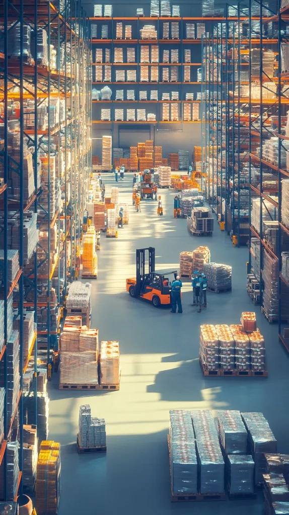 A large warehouse is shown, filled with tall shelving units stocked with various goods.  Forklifts and workers are visible, suggesting active operations.  Sunlight streams through the high ceiling, illuminating the vast space and the organized pallets of products on the floor. The image conveys a sense of efficient logistics and large-scale storage.