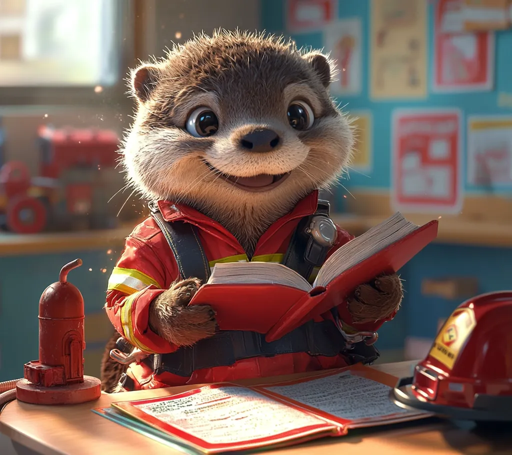 A charming anthropomorphic otter, dressed in a firefighter's uniform, sits at a desk diligently reading a book.  Sunlight streams in, illuminating the scene.  A fire extinguisher and helmet rest nearby, adding to the fire station setting. The otter's expressive face shows a happy and studious demeanor. The overall image is vibrant and whimsical.