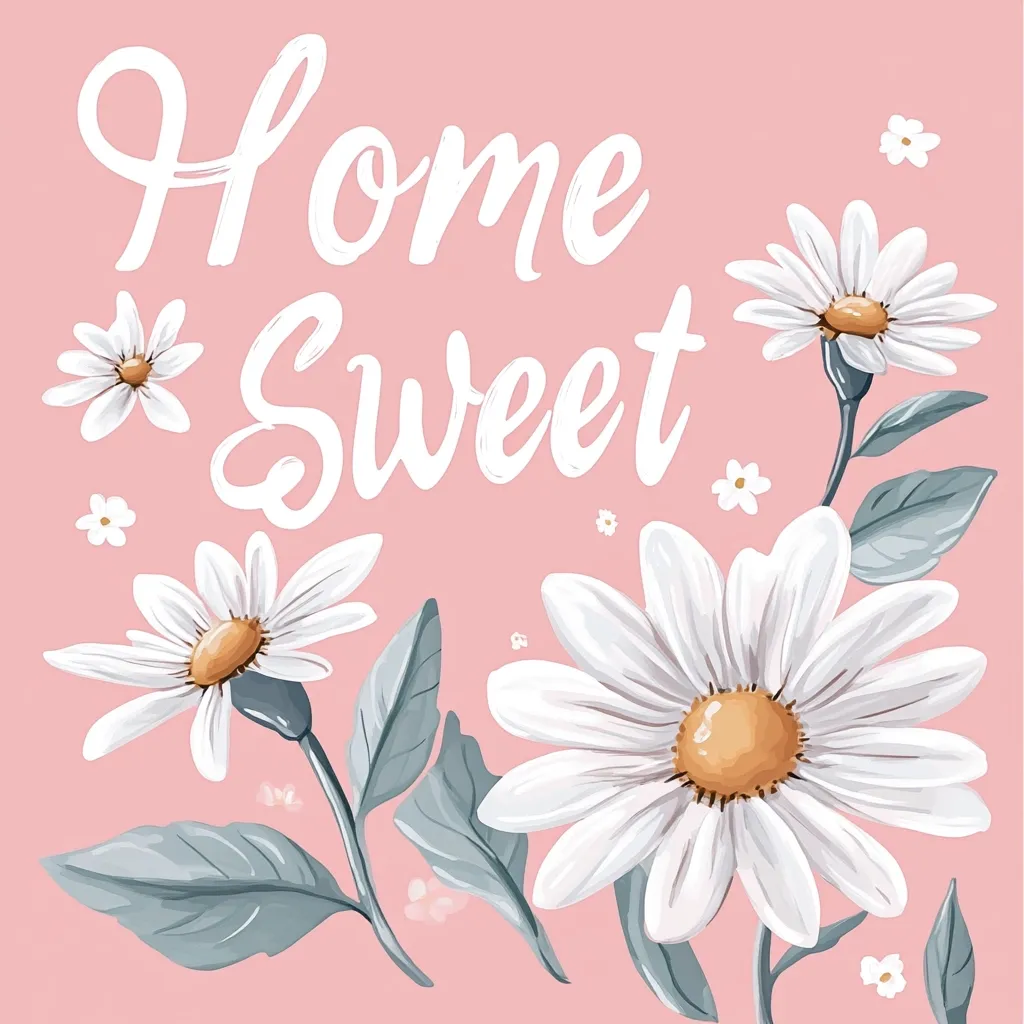 A pink background features the phrase "Home Sweet" in a stylized white script.  Several large, white daisies with gray-green leaves are artfully arranged around the text. Small white daisies are scattered throughout the design, creating a charming, homey aesthetic. The overall style is soft, romantic, and evokes a feeling of comfort and peace.