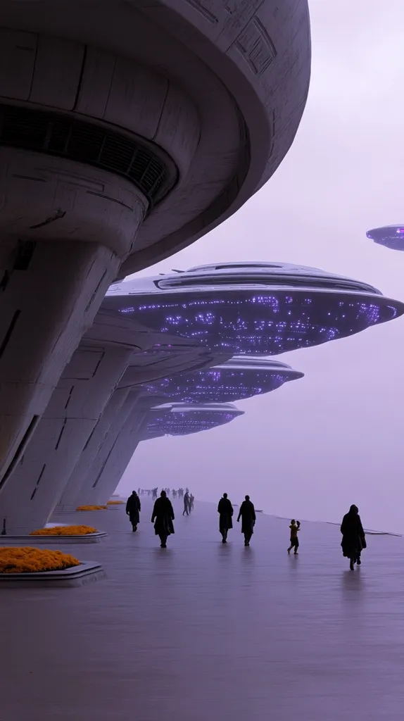 A futuristic scene unfolds under a hazy purple sky.  Large, saucer-shaped spacecraft are docked at a massive, curved structure.  Small figures, silhouetted against the mist, walk along a wide pathway lined with planters, seemingly unfazed by the enormous alien vessels overhead.  A sense of quiet awe permeates the image, hinting at a world where the extraordinary is commonplace.