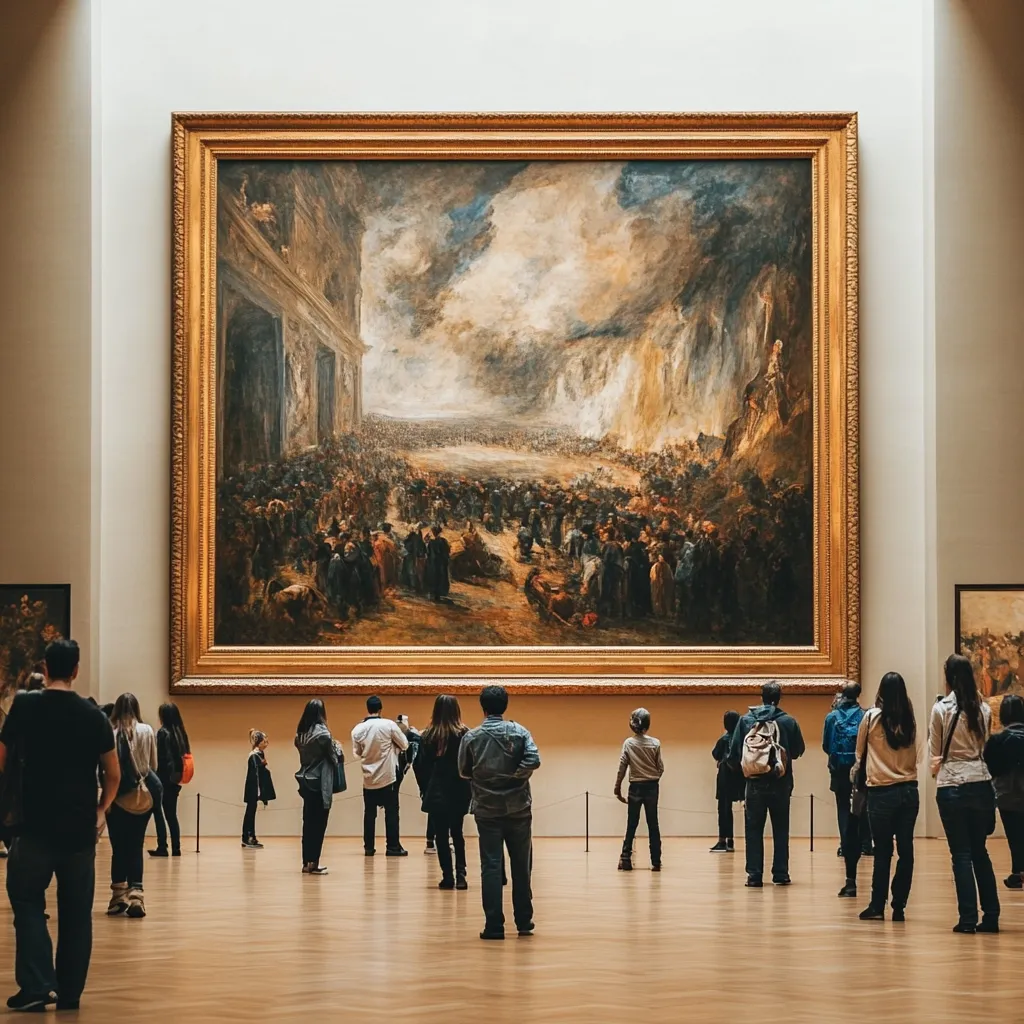 A large, ornate gold frame encloses a dramatic oil painting depicting a vast historical battle scene.  A crowd of art viewers stand before the artwork in a museum, observing the detailed brushstrokes and emotional intensity. The painting's stormy sky and chaotic figures create a powerful visual narrative, captivating the attention of the onlookers. The museum's polished wooden floor reflects the ambient light, enhancing the overall aesthetic.