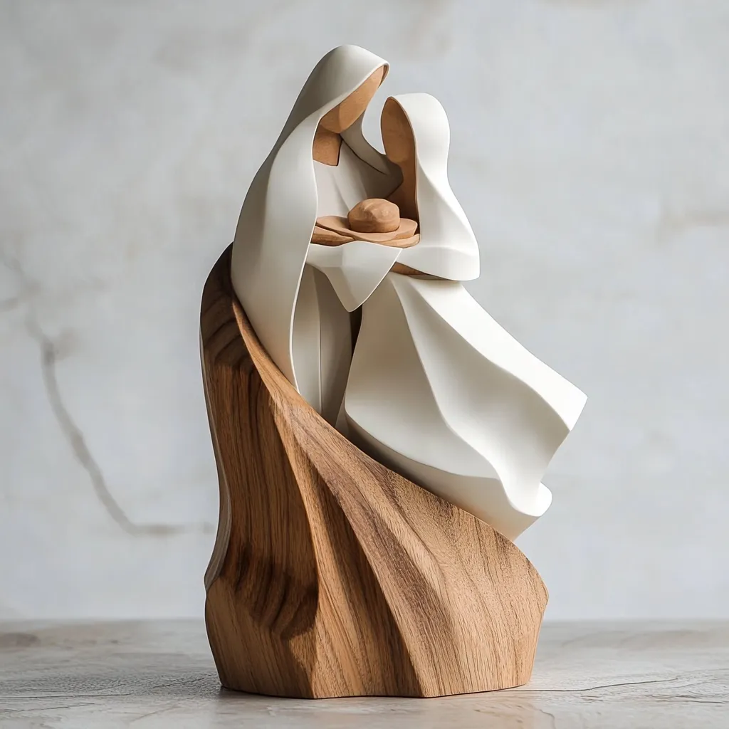 A modern minimalist sculpture depicts the Holy Family.  Mary, Joseph, and the infant Jesus are rendered in stylized, flowing white forms atop a rustic, carved wooden base. The design emphasizes simplicity and grace, showcasing a contemporary interpretation of a traditional religious scene.  The contrast between the smooth white figures and the textured wood creates visual interest.