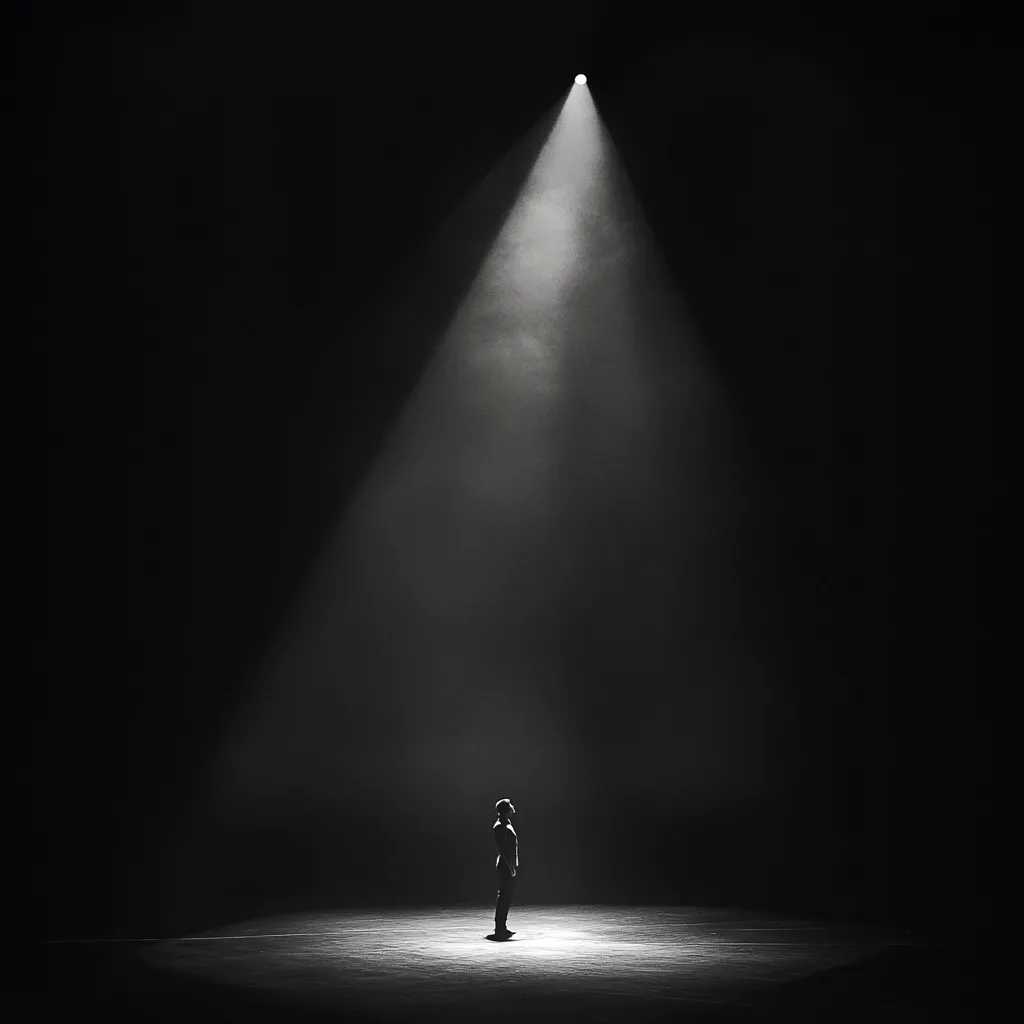 A solitary figure stands silhouetted in a single spotlight illuminating a dark stage.  The stark contrast between light and shadow emphasizes the individual's isolation and vulnerability.  The image evokes themes of performance, introspection, or the weight of expectation.  The atmosphere is dramatic and contemplative.