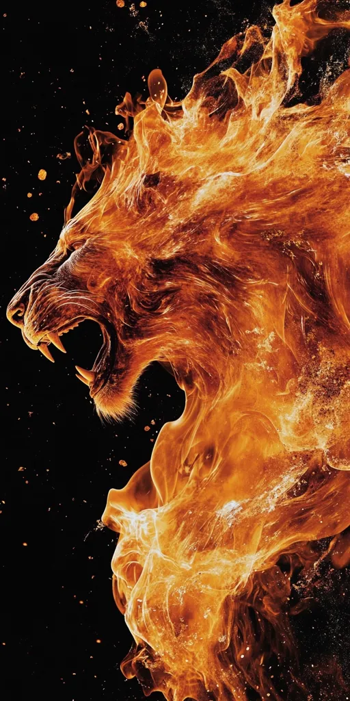 A fiery lion roars against a black background speckled with embers.  The image is a digital creation, depicting the lion's mane and body as a swirling mass of intense orange and yellow flames. The lion's form is clearly visible within the fire, its teeth bared in a ferocious snarl. The overall effect is dramatic and powerful, evoking themes of strength and untamed power.