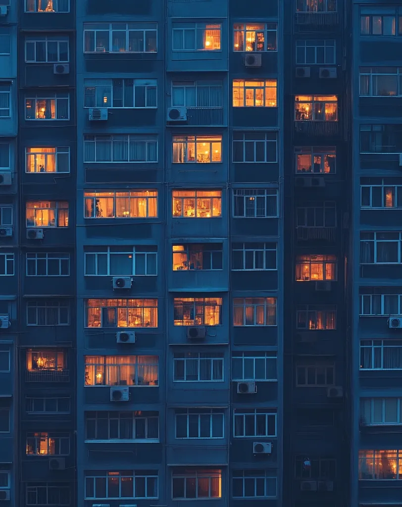 A tall, dark-blue apartment building at night is illuminated by the warm glow of lights in many of its windows.  Rows and rows of windows stretch from the bottom to the top of the frame, creating a repetitive pattern.  The building's exterior appears aged, and air conditioning units are visible on some floors. The contrast between the cool exterior and the warm interior lights creates a striking visual.