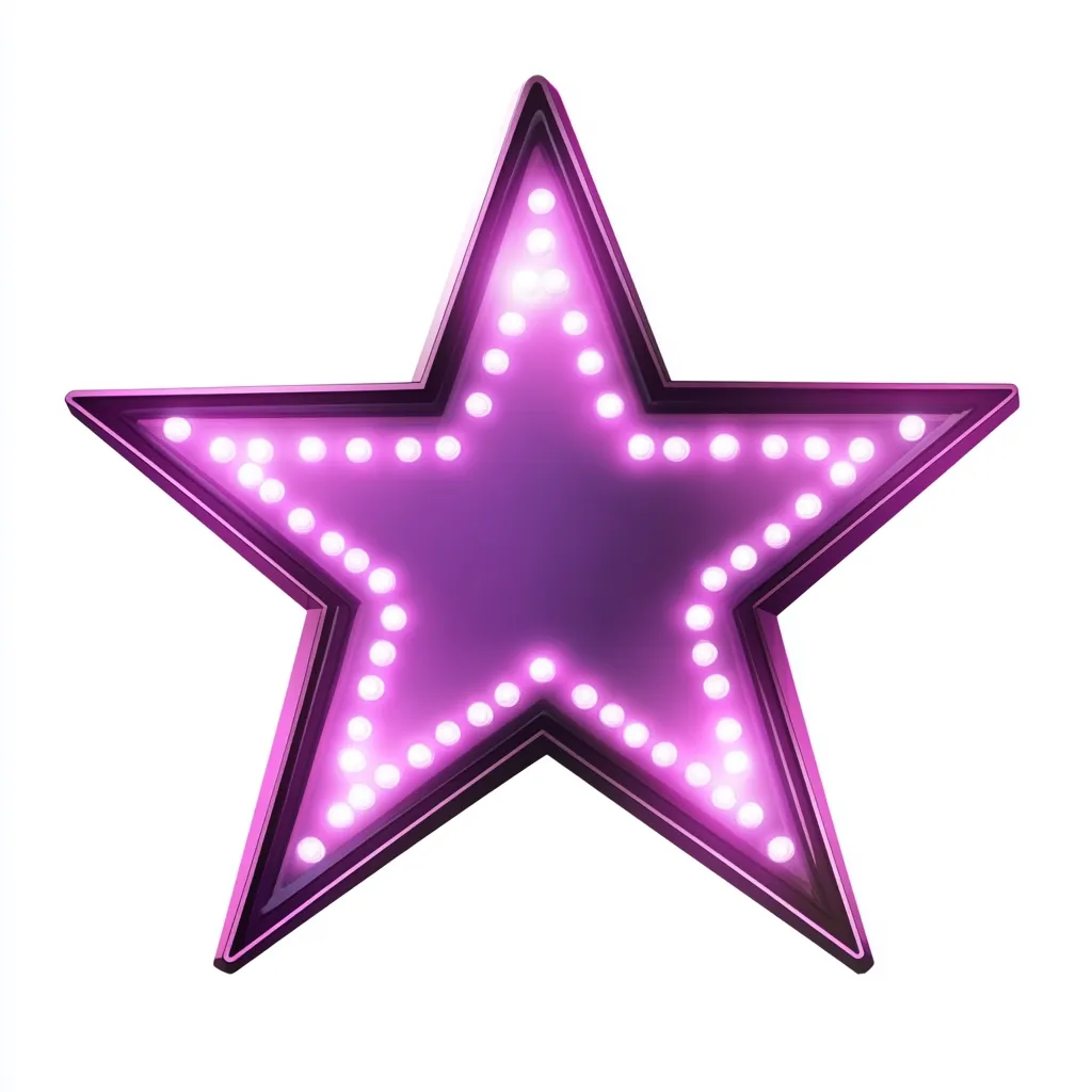 A vibrant purple star, outlined with small, illuminated bulbs, is presented against a stark white backdrop.  The star's design suggests a marquee or sign, its glowing lights creating a glamorous and attention-grabbing effect.  The image is clean and well-lit, highlighting the star's shape and the soft purple hue of its illumination.