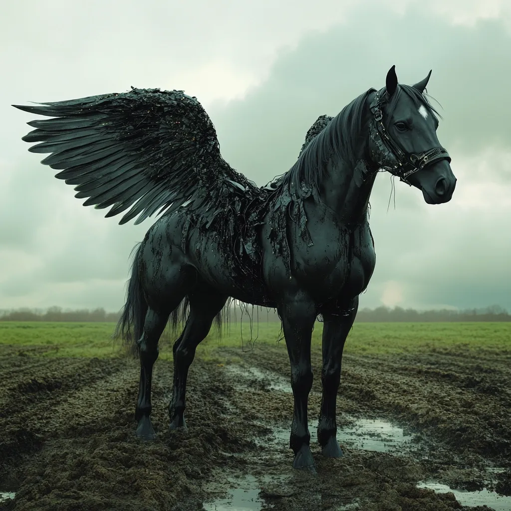A digitally rendered image depicts a black winged horse, seemingly coated in a dark, viscous substance.  The horse stands in a muddy field under a cloudy sky. Its large, dark wings are detailed and intricate, adding to its mythical and somewhat melancholic aura.  The overall mood is somber and evocative.