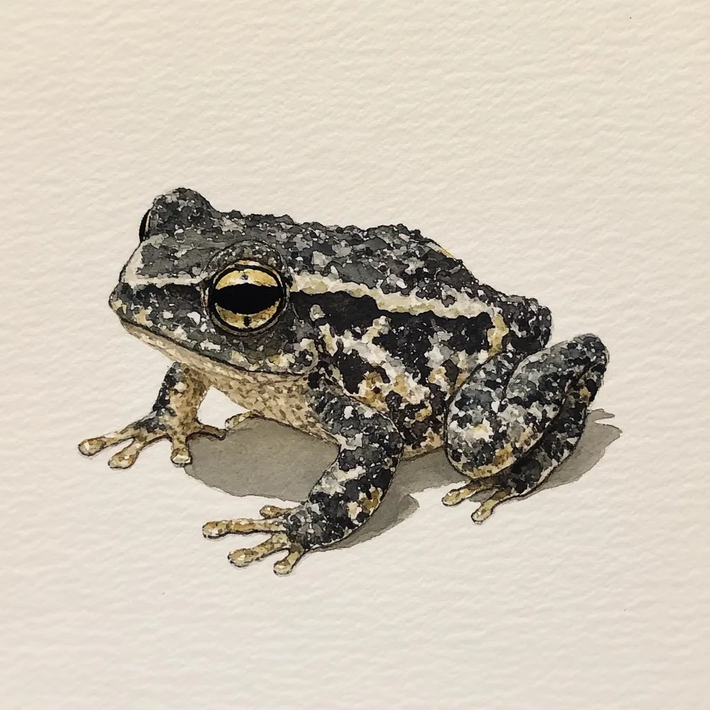 A detailed watercolor painting depicts a small frog, predominantly dark gray and speckled with lighter beige.  Its skin texture is realistically rendered, showing subtle bumps and variations in shading. The frog's golden-ringed eyes are prominent, and its stubby legs are spread slightly. It sits on a plain off-white background, casting a subtle shadow beneath. The overall style is precise and naturalistic.
