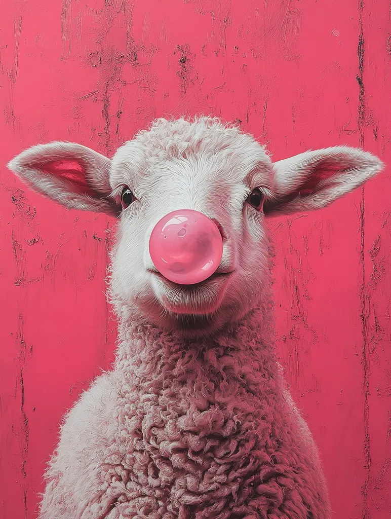 A fluffy white sheep stares directly at the viewer against a vibrant pink background.  The sheep has a large, pink bubble of gum blown from its nose. The image is stylized, appearing as a painting or digital art piece with a textured pink backdrop. The contrast between the sheep's soft fur and the bold background creates a playful and humorous effect.