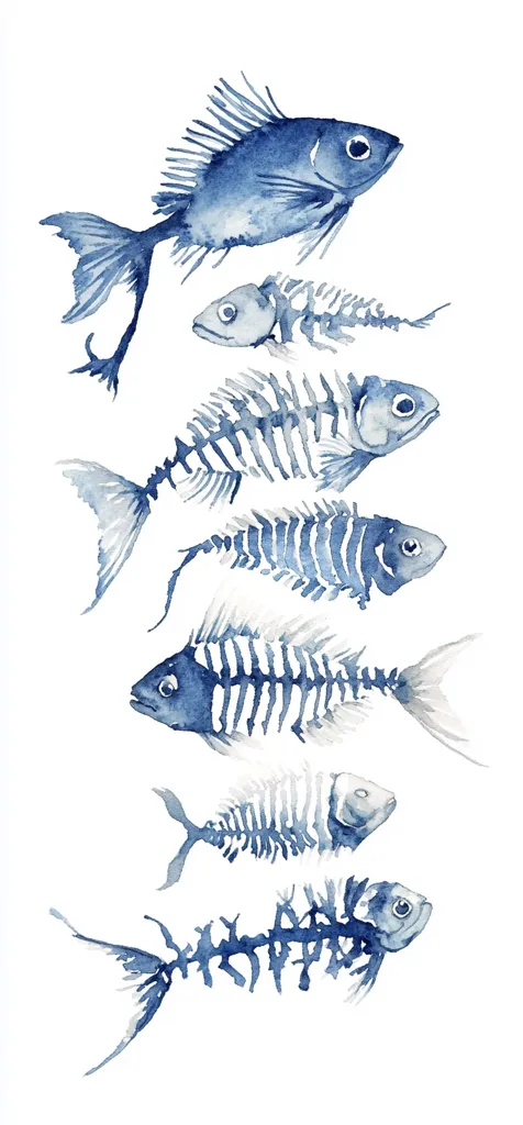A watercolor painting depicts a series of fish, transitioning from a whole fish at the top to skeletal remains at the bottom.  The fish are rendered in shades of blue, creating a serene, almost melancholic effect. The artwork suggests a cycle of life and death, or perhaps the passage of time, using the visual metaphor of decaying fish. The white background enhances the blue tones.