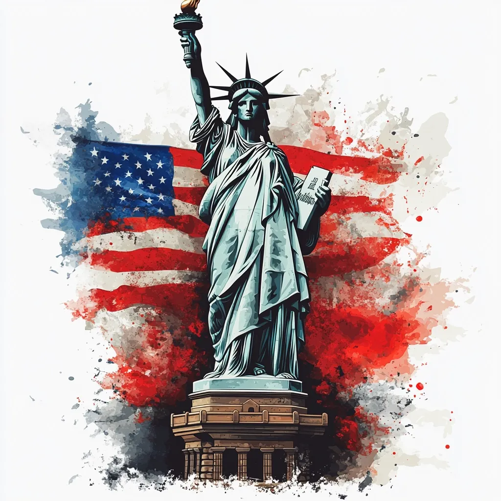 A vibrant watercolor-style illustration showcases the Statue of Liberty, prominently positioned against a backdrop of a dynamically rendered American flag.  The statue's details, from its flowing robes to the torch it holds aloft, are meticulously depicted.  The flag, painted with a bold splash effect, adds a powerful sense of patriotism and energy to the composition. The overall effect is a striking and symbolic representation of American ideals.