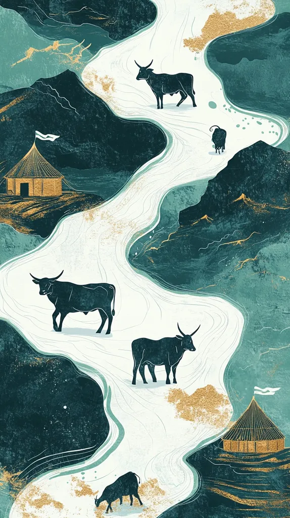 A stylized illustration depicts a meandering river flowing through a mountainous landscape.  Dark teal mountains and gold-accented riverbanks frame the scene.  Silhouetted cattle graze along the river's edge, near simple, gold-toned dwellings. The overall style is minimalist and evocative, suggesting a pastoral scene with a touch of ancient or mythical quality.
