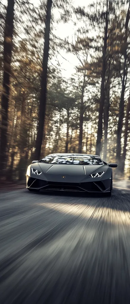 A dark gray Lamborghini Huracán speeds down a forest road.  The trees blur in motion, creating a sense of speed and dynamism. Sunlight filters through the trees, illuminating the car as it accelerates. The focus is sharply on the Lamborghini, emphasizing its sleek design and powerful presence.  The overall image is dramatic and evocative of high-speed driving.