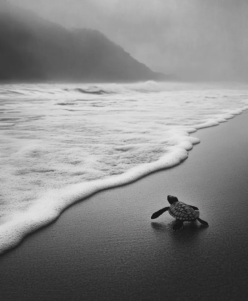 A lone sea turtle hatchling makes its way across a dark, sandy beach towards the ocean.  The waves gently lap the shore, creating a foamy edge.  A misty, mountainous backdrop adds to the dramatic, monochrome scene, emphasizing the small creature's journey to the sea. The image evokes a sense of vulnerability and the beauty of nature.