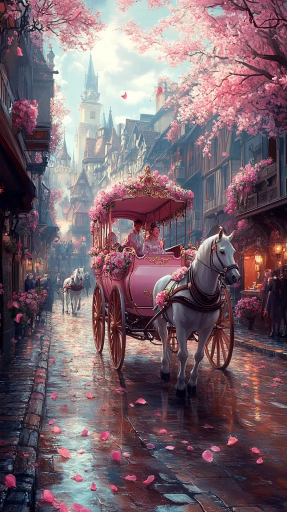 A pink carriage adorned with flowers, pulled by a white horse, travels down a cobblestone street.  The street is lined with charming, medieval-style buildings under blossoming pink trees, creating a romantic, fairytale atmosphere.  Pink petals scatter the wet street, adding to the whimsical scene.  Two elegantly dressed individuals sit within the carriage.