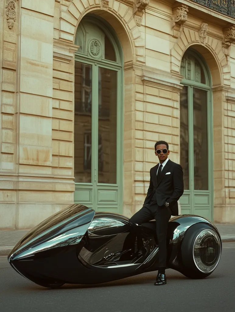 A sharply dressed man in a black suit and sunglasses sits astride a sleek, futuristic, black motorcycle. The vehicle has a low profile and a unique, aerodynamic design. The setting is an elegant Parisian street, with classic architecture providing a stark contrast to the modern motorcycle. The image conveys a sense of sophisticated style and futuristic transportation.