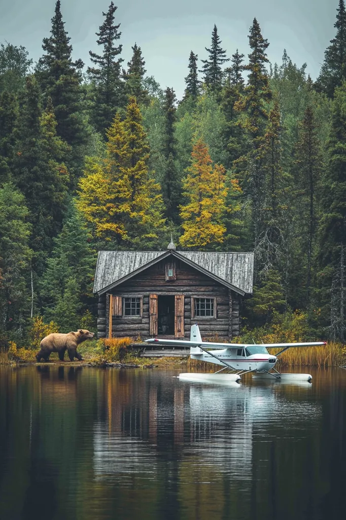 A rustic log cabin sits on the edge of a calm lake, nestled within a dense forest of evergreen and autumnal trees. A brown bear ambles near the cabin.  A small seaplane floats on the water, mirroring the tranquil scene. The overall atmosphere is serene and remote, evoking a sense of wilderness and solitude.