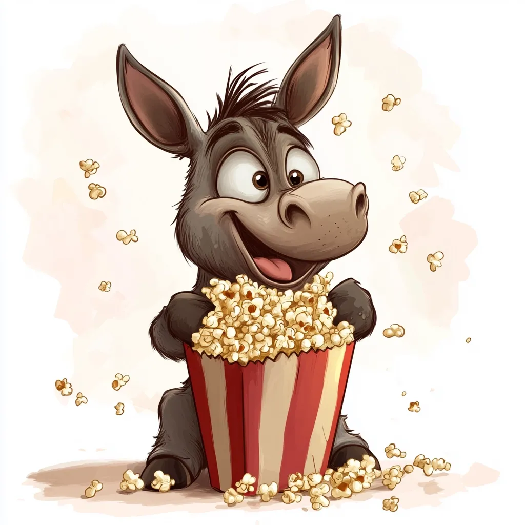 A cartoon donkey sits happily, clutching a large bucket of popcorn.  Pieces of popcorn are scattered around the donkey and in the air, suggesting playful eating. The donkey has a wide, joyful smile, showcasing its enjoyment of the snack. The illustration style is whimsical and colorful, creating a cheerful and lighthearted image.