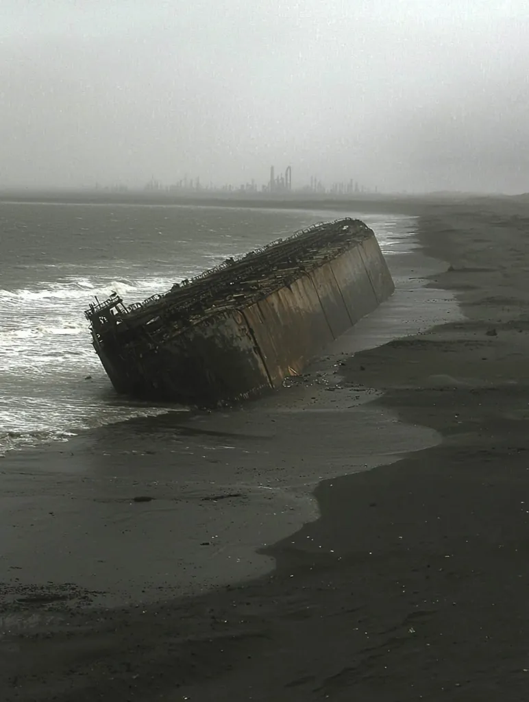 A weathered concrete shipwreck rests on a dark, sandy beach.  The waves gently lap at the decaying structure.  In the distance, a hazy industrial skyline is visible under a gray, overcast sky. The scene evokes a sense of desolation and the relentless power of the sea.