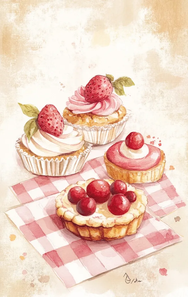 A watercolor painting depicts an array of delectable pastries. Two strawberry cupcakes, adorned with creamy frosting and fresh berries, are positioned alongside a smaller tart topped with glistening red cherries.  Another tart, similarly decorated with cherries, rests on a pink and white checkered napkin, creating a charming, rustic scene.  The overall style is soft and romantic.