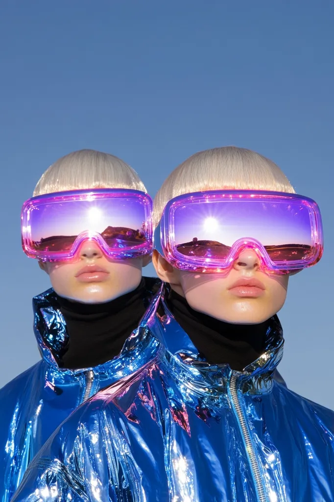 Two identical blonde women, sporting matching iridescent blue jackets and oversized purple ski goggles, stand against a clear blue sky.  The goggles reflect the sunlight, creating a vibrant and futuristic aesthetic. Their short, blunt bangs frame their faces, adding to the overall stylized look. The image suggests a theme of twinning or mirroring, enhanced by the matching outfits and accessories.