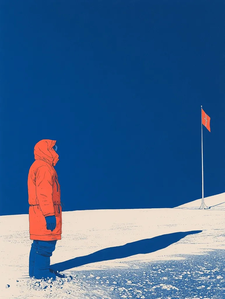 A lone figure in a bright orange parka stands on a snow-covered landscape under a deep blue sky.  The individual's long shadow stretches across the pristine white expanse. In the distance, a flagpole with a red flag, possibly denoting a territorial claim or scientific outpost, stands tall. The minimalist style evokes a sense of isolation and vastness in a remote, polar environment.