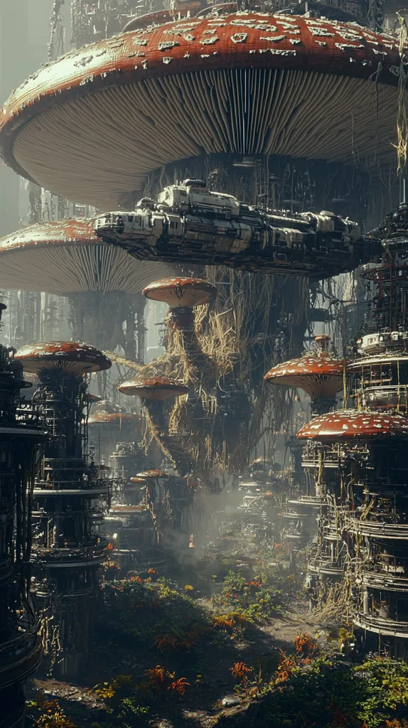 A futuristic cityscape is overgrown with giant, bioluminescent mushrooms.  Buildings are intricate and metallic, interwoven with the fungal structures.  A spacecraft is docked beneath one enormous mushroom cap, suggesting a symbiotic relationship between technology and nature.  The scene is hazy with atmospheric perspective, creating a sense of depth and mystery within this unique, overgrown environment.  A path winds through lush, alien flora between the structures.