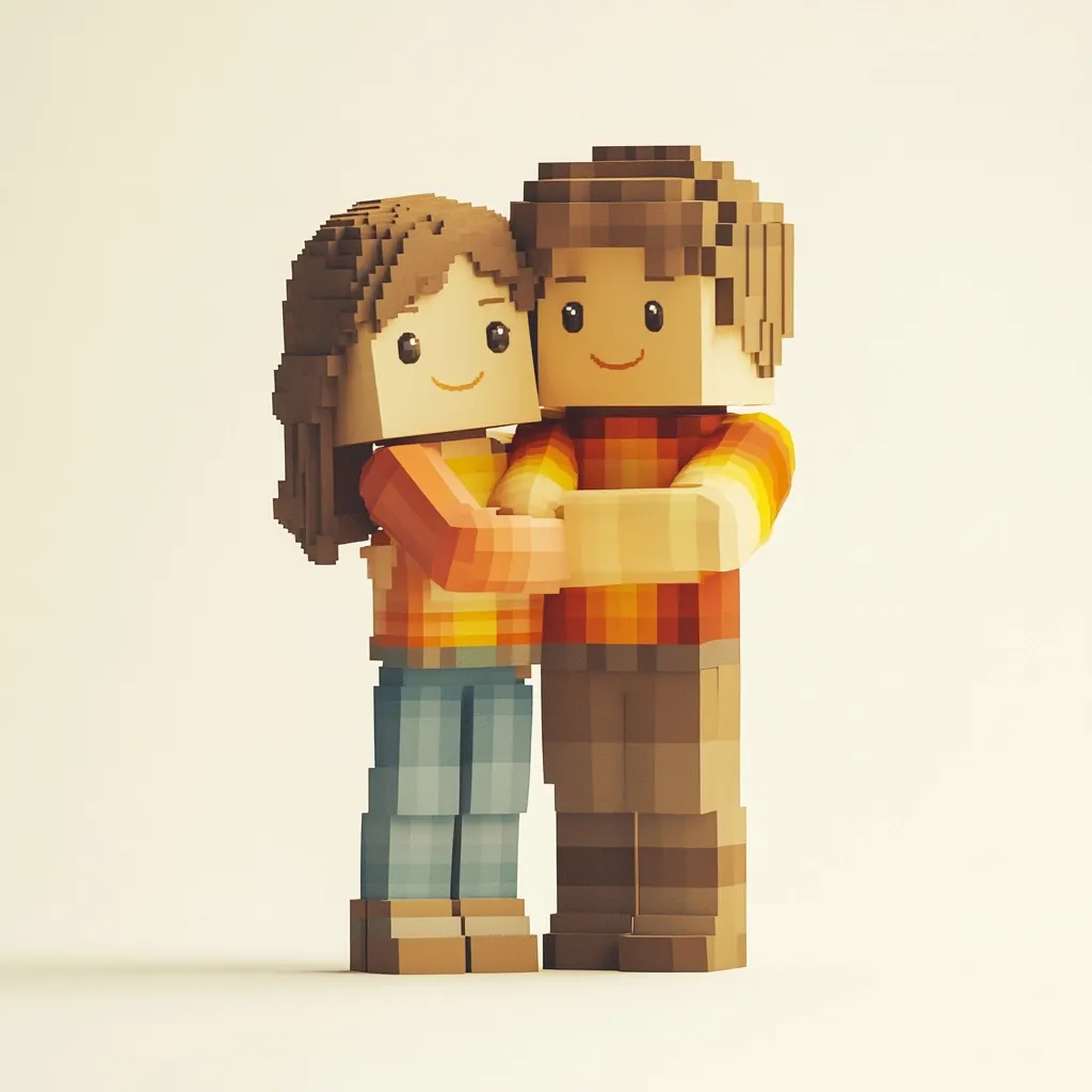 A charming digital illustration depicts a pixelated couple embracing.  The man and woman, rendered in a low-poly style, are warmly colored in browns, oranges, and blues. Their simplified features convey a sense of affection and happiness. The image is set against a plain white background, drawing focus to the endearing couple.  The overall style is cute and nostalgic.