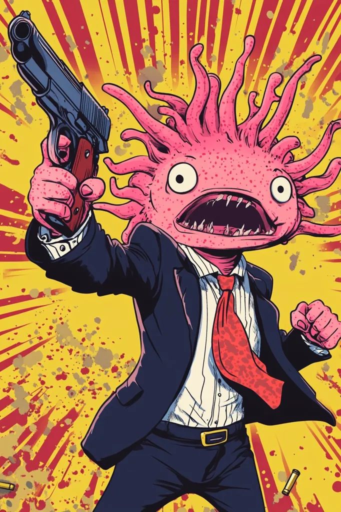 A cartoon axolotl in a suit holds a handgun, set against a vibrant yellow and red background with radiating lines and splatters.  The axolotl's expression is fierce, its large eyes wide and teeth bared.  The image is stylized with a comic book aesthetic, emphasizing bold lines and contrasting colors.  Spent bullet casings are scattered near the bottom.
