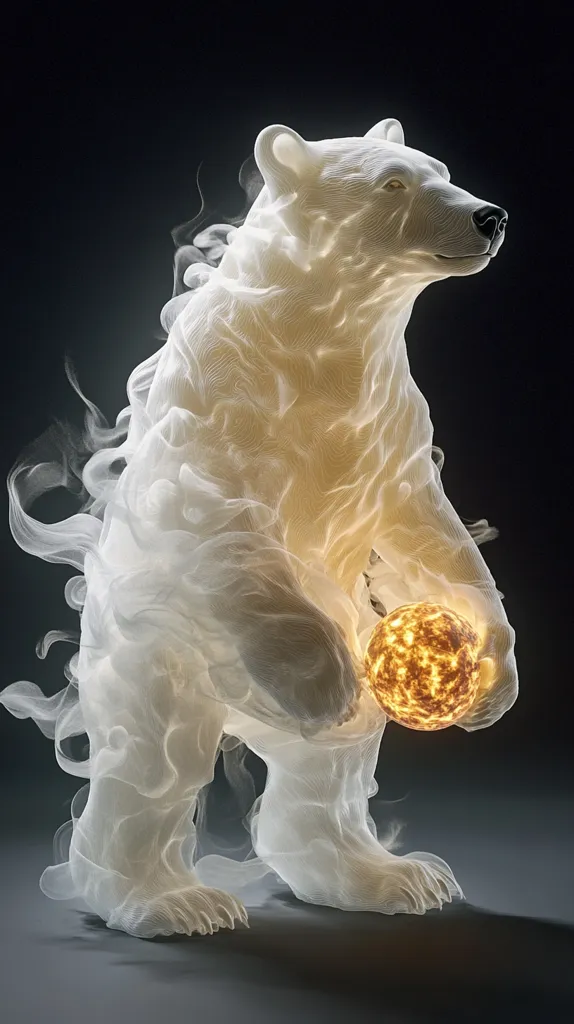 A digital rendering depicts a polar bear, seemingly composed of smoke or wispy clouds, cradling a miniature, glowing sun in its paws. The bear's form is ethereal and translucent, contrasting with the intense brightness of the miniature star. The dark background accentuates the bear's luminous quality, creating a mystical and powerful image.  The artwork blends realism with fantasy, suggesting a symbolic representation of nature's power or environmental themes.