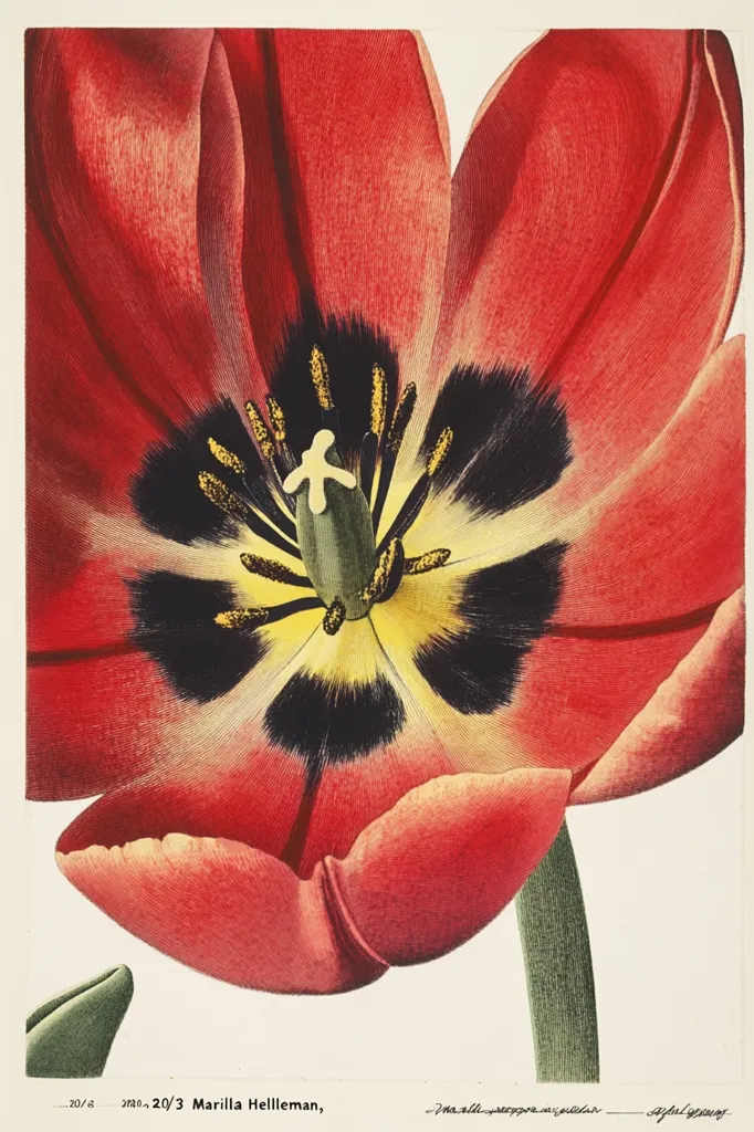 A close-up botanical illustration showcases a vibrant red tulip in exquisite detail.  The image emphasizes the flower's intricate structure, from the delicate petals and textured surface to the contrasting black and yellow stamens at its heart. The artist's precise rendering captures the tulip's rich color and subtle gradations of light and shadow.  The style is reminiscent of classic botanical prints.